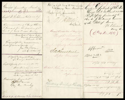 Grant, Ulysses S. Uncommon and highly desirable Endorsement Signature U.S. Grant as Major General and Commander of the Department of the Tennessee, on the verso of an LS by
Captain W.H. Clune, commanding Company I of the 1st Iowa Infant