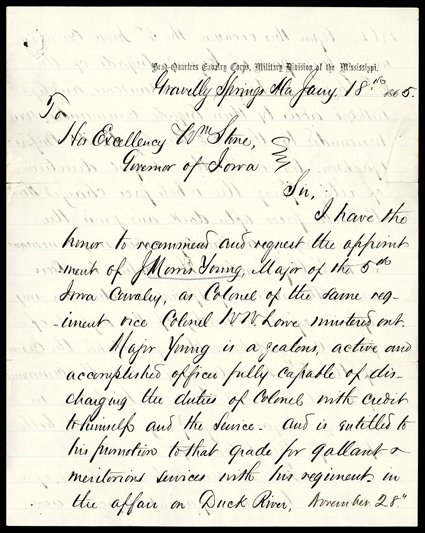 Thomas, George H., Scarce war-date Endorsement Signature Geo. H. Thomas as commander of the Army of the Cumberland, Eastport, Mississippi, January 20, 1865. Just a month after
the end of the Nashville Campaign, in which he destroyed John Be