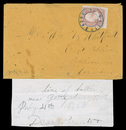 In line of battle near Gettysburg P.A. July 21st 1863, dateline on portion of soldiers letter and orange cover to East Addison, Vermont with 3c Rose (65) tied by well struck
blue double circle Gettysburg, Pa. dateless provisional postmark use