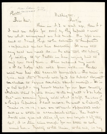 [Denver Correspondence] A group of 17 letters to and from the former California official, Governor of Kansas Territory, and US Indian Agent, covering his time as a Union
officer through the later years of his life. Many are detailed political let