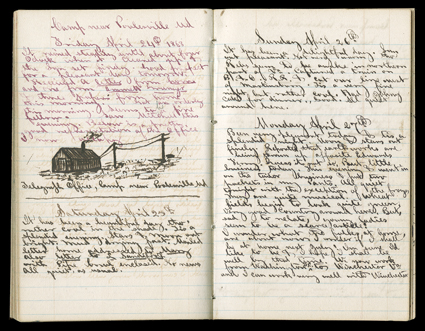 Douglas Diaries 1861-65, A fine group of four diaries for the years 1861-65 by Charles Douglas, a telegraph operator for the Union army. Two are book format and two
wallet-style, all about 12mo. One covers the end of 1861 and all of 1862 and the