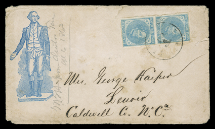 Confederate States balance, six covers comprised of pair of 5c Blue (7) tied to captured Union patriotic cover, patriotic cover with illustrated song sheet enclosure from New
Orleans with two different strikes of Due 5, 5c Green (1) tied