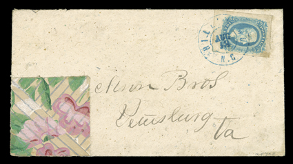 Confederate Wallpaper Cover, green, rose, gray and tan floral design cover used to Peterersburg, Va. with 10c Blue, Die A (11, light stain), large to enormous margins all
around, tied by Hillsboro, N.C.Aug 13 blue double circle datestamp, extre