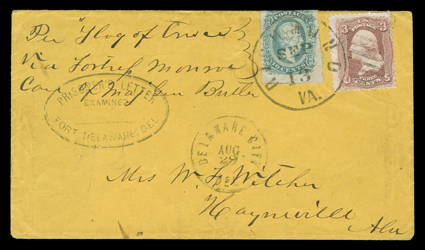 Federal Prison at Fort Delaware, Prisoners LetterExaminedFort Delaware, Del. clear oval censors handstamp on orange cover to Haynesville, Alabama, with 3c Rose (65) cancelled
by grid and matching Delaware CityDelAug 29 postmark, endorsed