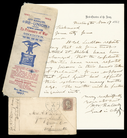 Prisoners of War balance of letters, a rare gathering of letters from and about prisoners of war on both the Union and Confederate sides. Includes an ALS by General in Chief
Henry W. Halleck, Nov 17, 1862, to Governor Samuel J. Kirkwood of Iowa,