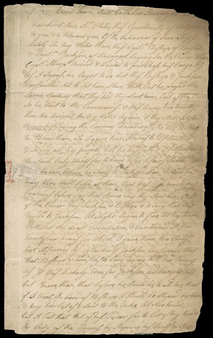 [Grandy King George, 1773 and 1775] Two letters, the first is unsigned, from Grandy King George, King of the Old Town Tribes at Old Calabar, an important port in present-day
Nigeria, 1773. He writes merchant Ambrose Lace about the actions of th