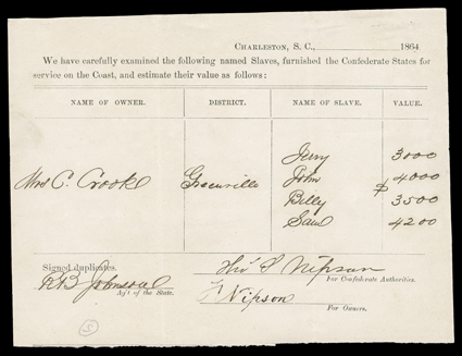 [Slavery, 18501860s] Choice group of five items: three are Louisiana bills of sale for slaves, two of them on partly printed forms, with a Civil War-date manuscript
announcement by George Smith, reading: Negroes fo [sic] Sale  I will sel