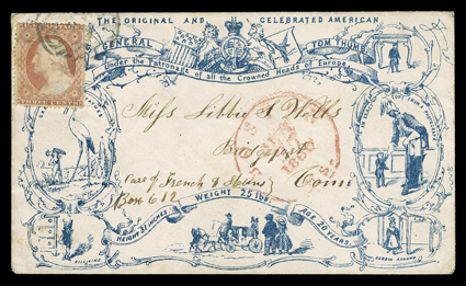 The Original and Celebrated American General Tom Thumb, height 31 inches, weight 25 lbs, age 20 years, lovely detailed allover design cover in blue to Bridgeport, Ct. with 3c
Dull red (26, crease) tied by Paid in grid cancel, red Boston, Mass