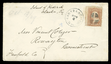 Island of KodiackAlaska Ty, manuscript postmark on cover to Rowayton, Ct. with 3c Rose (94, crease) cancelled by quartered cork, matching San Francisco, CalNov 6 transit
postmark alongside, pencil Oct 1369 docket, very fine this post off