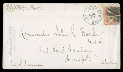 Sitka, Alaska, two ship covers with original letters enclosed, the first endorsed Ship letter from Alaska with 3c Rose (94, faulty) with cork cancel and San Francisco, Cal.Mar
25 transit datestamp with letter datelined U.S.S. SaginawSitka