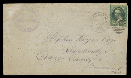 St. Pauls Island, AlaskaJul 30 1881, violet circular handstamp on cover to Tunbridge, Vermont with 3c Green (184, corner fault), entered the mails with San Francisco, CalAug
15, 81 duplex postmark, reverse with violet Alaska Commercial Co.