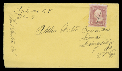 [Tubac, Arizona Territory], manuscript Via Santa Fe endorsement on yellow cover with manuscript Tubac A TDec 9 Arizona Territory postmark and 3c Rose (65, small faults)
cancelled by manuscript X, carried up the Santa Fe Trail on its way t