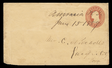 Auraria, Kansas Territory (Colorado), bold June 15 manuscript K.T. Kansas Territory period postmark on 3c Red on buff entire (U10) to Pacific City, Iowa, very fine the earliest
recorded postmark of Auraria and one of three known examples