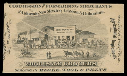 [Colorado illustrated covers], two handsome advertising covers from the 1870s, one for Prowers & Hough, Forwarding & Commission Merchants showing their store used with 3c Green
(158) and West Los Animas, Col.Apr 5 datestamp, the other with a