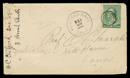 Wounded Knee, Dakota Territory clear Dec 28, 1888 territorial period datestamp on cover to New Haven, Ct. with 2c Green (213) cancelled by target, cover with sealed tear at
lower left, otherwise very fine a rare example of this evocative pos
