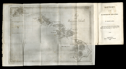 History of the Sandwich Islands Sheldon Dibble. Lahainaluna, Press of the Mission Seminary, 1843 8vo, 12mo, original black cloth with gilt spine. Folding map at front. Pen note
and bookplate of Bangor Theological Seminary on pastedown. Risvold la
