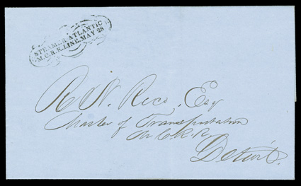 Steamer AtlanticM.C.R.R. Line. May 28 fancy ornamental linen tester two-line handstamp on blue folded cover to Detroit, an unusual marking of a steamboat line that connected the
Great Lakes with railway lines, used out of the mail on railroad