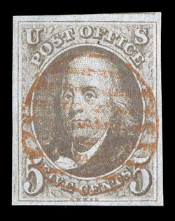 1, 5c Brown, handsome used single, with large to very large even margins all around, including a bit of the adjacent stamp at top, rich color and detailed impression on crisp
paper, socked-on-the-nose red grid cancel, extremely fine.