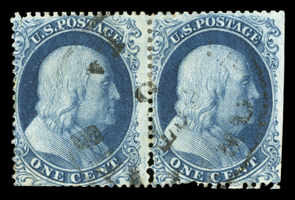 19, 1c Blue, Ty. Ia, horizontal pair, positions 97-98L4, the left stamp being the curl on shoulder variety, scissor separated removing the perfs. at right and causing perf.
flaws at the bottom, exceptionally fresh, with strong rich color and a d