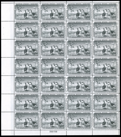 RW25, 1958 $2.00 Black, bottom left corner plate no. 166756 pane of 28, beautifully centered, post office fresh and intact, o.g., n.h., very fine.