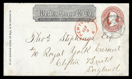 U85, 6c Dark red on white, attractive used 1873 entire from New York to Bristol, England, with nice strike of fancy geometric NYFM cancellation, matching red New YorkSep 3X
origin exchange c.d.s. alongside, Clifton transit and red Bristo