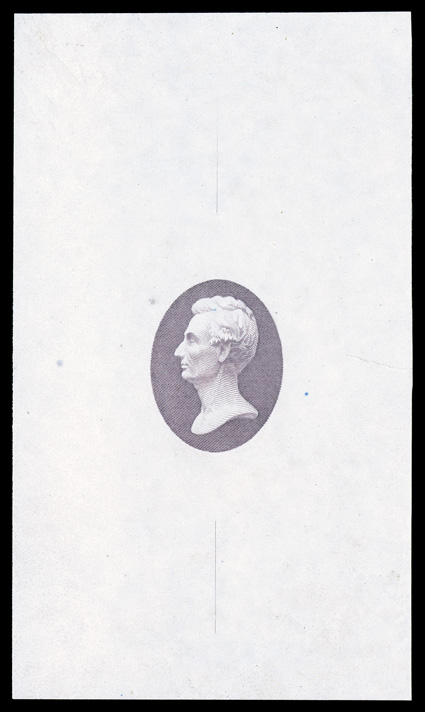 Turner Essay 15b (Scott 206-E5), Lincoln head vignette, large die essay in Dull purple on white glazed paper, measuring 54x93mm, unlisted in this color in Turner in this size,
small tear at right, very fine appearance.