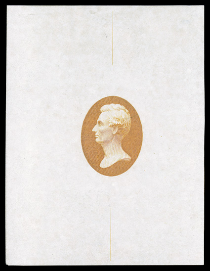 Turner Essay 15c (Scott 206-E5), Lincoln head vignette, large die essays in Orange, Dark orange and Brown on white glazed paper, three different each being in a bit larger
size than typically encountered, Brown measuring 49x57mm, Dark orange 52x