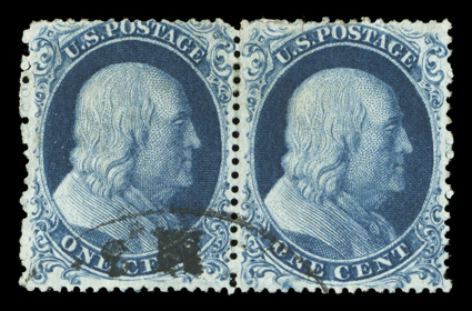 19b, 1c Blue, Ty. Ic, horizontal pair, positions 81-82R4, which are the only two positions possible to produce a pair of 19b, deep intense color from an early printing, light
face-free c.d.s. cancel, a few minor perf. irregularities and a tiny