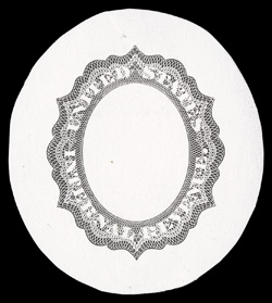 Turner Essay 17b, U.S.I.R. die essay of frame only for Lincoln issue, in Black on white glazed paper, cut to oval shape measuring approximately 47x52mm, very fine and most
unusual.