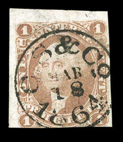 R3a, 1c Proprietary, imperforate, three large margins, just into design at bottom, bright color, neat 1864 handstamp cancel, faint corner bend at top right, nearly very fine
1989 PF certificate.