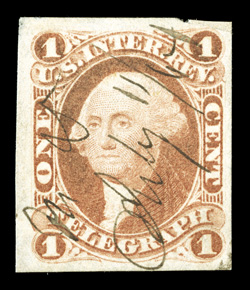 R4a, 1c Telegraph, imperforate, four large margins, strong color, neat 1864 ms. cancel, tiny faults, extremely fine appearance 2003 PSE certificate (VG 50).