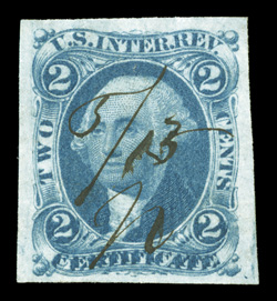 R7a var., 2c Certificate, imperforate, double transfer (T7) variety, an impressive used example, with large margins all around, bright color and a well incised impression
showing the double transfer at bottom exceptionally well, light 1863 ms. c