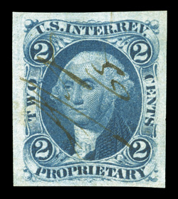 R13a, 2c Proprietary, imperforate, handsome used single, four large margins, deep rich color and an excellent impression on fresh paper, light ms. cancel, extremely fine 2004
APS certificate.