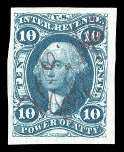 R37a, 10c Power of Attorney, imperforate, a marvelous used example, not only possessing extra-large margins all around, but also featuring outstanding prooflike color and
impression on pristine white paper, 1863 magenta ms. cancel, extremely