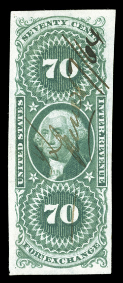 R65a, 70c Foreign Exchange imperforate, desirable used single, with large to extra-large margins on all four sides, brilliantly fresh, neat 1864 ms. cancel, just the faintest
hint of a wrinkle at left, extremely fine clear 2003 PSE certificate