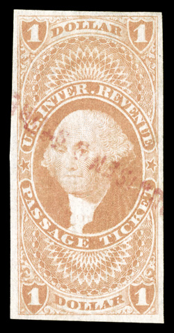 R74a, $1.00 Passage Ticket, imperforate, large even margins all around, bright color, cancelled by a light red straightline handstamp, extremely fine 2003 PSE certificate (VF
80).