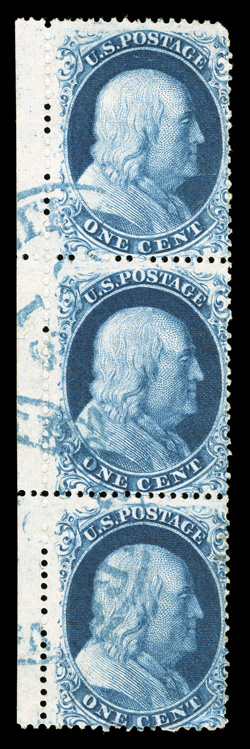 19b, 22, 1c Blue, Ty. Ic, vertical pair, the bottom pair in a very rare combination vertical strip of three with Ty. III at top, positions 71 81 91R4, a marvelous left sheet
margin strip (showing 3mm of the sheet margin), the top stamp bei