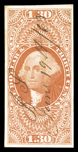 R77a, $1.30 Foreign Exchange, imperforate, four large margins, bright vibrant color, neat 1863 ms. cancel, light crease and faint toned spot at top left (latter not mentioned
on certificate), choice very fine appearance overall a highly collect