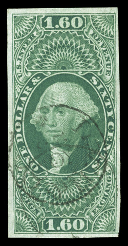 R79a, $1.60 Foreign Exchange, imperforate, four large margins, lovely rich color, light handstamp c.d.s. cancels, a very fine example of this scarce imperforate 1981 PF
certificate.