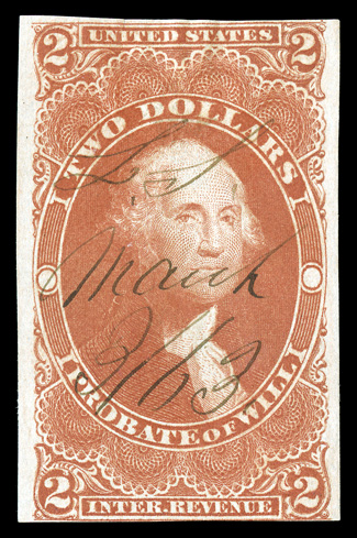 R83a, $2.00 Probate of Will, imperforate, strong rich color, large side margins, ample margin at top, just touching the design at bottom, neat 1863 ms. cancel, small thin
spot, otherwise a fine example of this rare imperforate revenue 2009 PF c