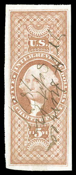 R88a, $5.00 Charter Party, imperforate, gorgeous used single, with huge balanced margins all around, marvelously bright and fresh, ms. cancel, extremely fine gem 2003 PSE
certificate (XF-Superb 95).