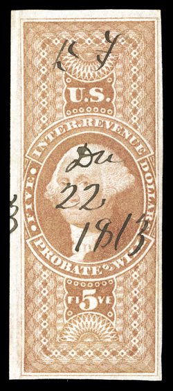 R92a, $5.00 Probate of Will imperforate, full to large margins around, fresh color, 1863 ms. cancel, very fine 2003 PSE certificate (VF 80).