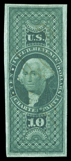 R93a, $10.00 Charter Party, imperforate, premium used single, with deep luxuriant color and a particularly intense impression, four large margins, light ms. cancel, extremely
fine 2003 PSE certificate (XF 90).