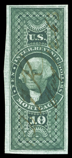 R95a, $10.00 Mortgage, imperforate, full to extra-large margins all around, deep color and impression, ms. cancel, choice very fine 2003 PSE certificate (VF
80).