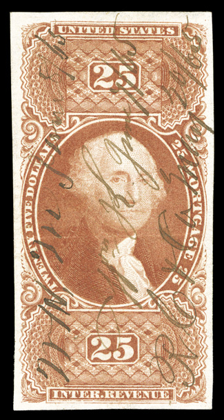 R100a, $25.00 Mortgage, imperforate, four large margins, strong impression, 1865 ms. cancel, light horizontal crease, choice very fine appearance 2003 PSE certificate (VF
50).
