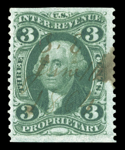 R18b, 3c Proprietary, part perforate, bright color, 1864 ms. cancel, trivial crease at top left, otherwise a very fine example of this elusive revenue 1989 PF
certificate.