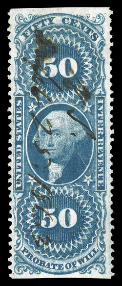 R62b, 50c Probate of Will, part perforate, well centered and margined, uncommonly bright and fresh, 1863 ms. cancel, a very fine example of this elusive revenue 2009 PF
certificate.