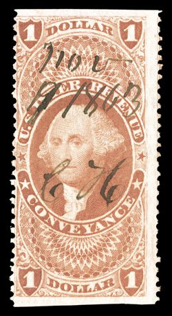 R66b, $1.00 Conveyance, part perforate, wonderfully bright color, 1863 ms. cancel, a fresh and fine example of this rare and often faked part perforate revenue 1993 PF
certificate.