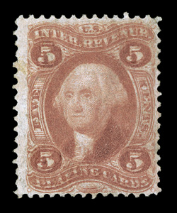 R28e, 5c Playing Cards, double impression, mint example of this rare error, with a strong second impression, part o.g., small closed tear at top, fine
appearance.