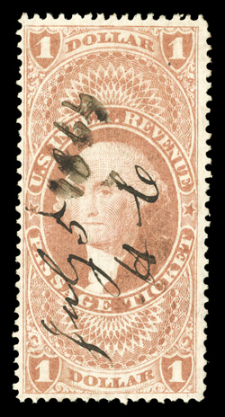 R74c, $1.00 Passage Ticket, rather well centered, strong color, 1864 ms. cancel, very fine 1984 PF certificate.